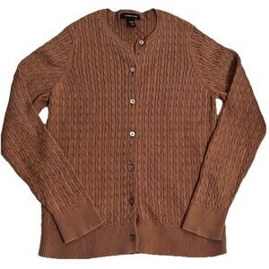 Lands’ End Womens Caramel Brown Cable Knit Cardigan Sweater Size XS 100% Cotton